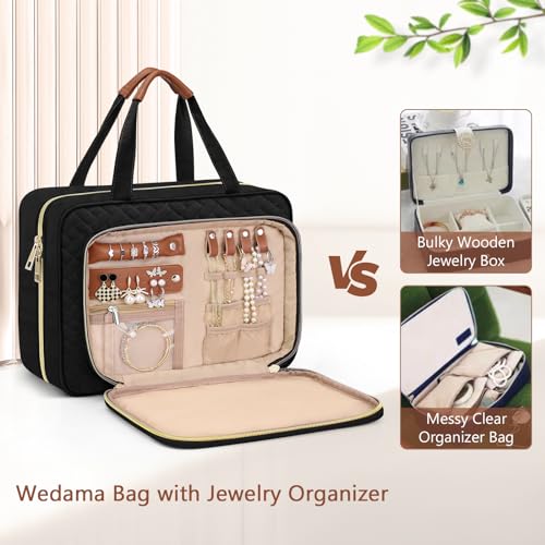 Wedama Toiletry Bag for Women, Hanging Travel Toiletry Bag with Jewelry Organizer Compartment Medium Makeup Bag, PVC Waterproof Cosmetic Travel Bag Trips Camping Bathroom, Black+Brown - color: Black, size: Medium, style: With Jewelry Organizer Compartment