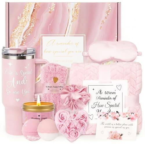 Mothers Day & Birthday Gifts for Women - Tova's Creations 13-Piece Strawberry Daiquiri Spa Gift Basket with 40 OZ Tumbler & Luxury Flannel Blanket for Mom, Wife, Grandma - color: Pink