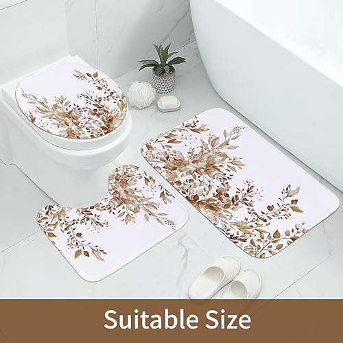 MitoVilla 4 Pcs Brown Plant Leaves Bathroom Sets with Shower Curtain and Rugs, Rustic Floral Shower Curtain Sets with Rugs for Bathroom Decor, Bathroom Decor Curtain Sets with Mats and Accessories - color: Brown