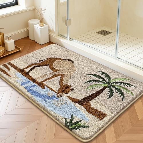 Bathroom Rug Mat, Desert Oasis Sunset Fluffy Rug with Camel & Palm Tree, Ultra Absorbent Microfiber Shaggy Door Mat, Quick Dry Bath Rug Carpet for Toilet Bathtub Bedroom 20x31 Inch - color: Beige