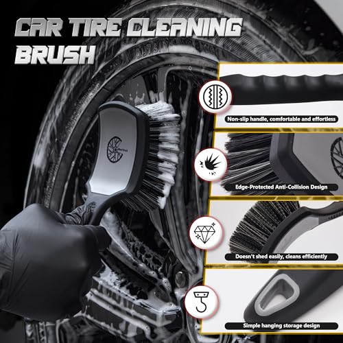 BMLEI Wheel & Tire Brush Set, 2 Pack Car Wheel Brush & Tire Cleaner Brushes, Soft Bristle Rim Brush and Stiff Tire Scrub Brush, Scratch-Free Wheel Cleaning Kit for Car Detailing, Trucks, SUVs - color: Gray&black