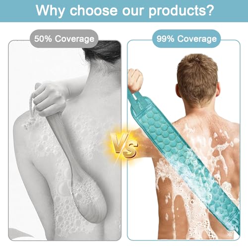 3 Pcs Exfoliating Bath Set with Back Scrubber Strap Shower Glove and Loofah Sponge for Deep Body Cleaning and Full Body Exfoliation(Blue) - color: Blue