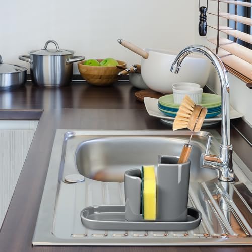 Geelin 3 in 1 Ceramic Kitchen Sink Caddy Dish Sponge Holder Scrub Brush Holder and Soap Tray for Kitchen Organizer Rustic Farmhouse Supplies (Gray) - color: Gray