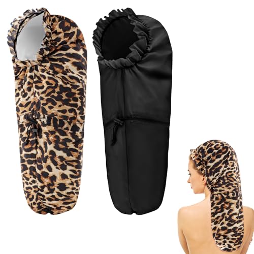 2 Pcs Large Shower Cap for Braids, Extra Long Shower Cap for Women Long Hair & Locs, Waterproof Hair Bonnets for Dreadlocks Drawstring Bath Caps for Women & Men (Black, Leopard) - color: Black, Leopard