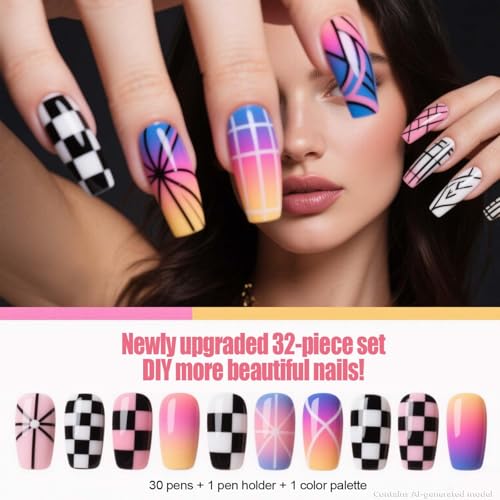 Artdone 32pcs Nail Art Brushes Tools Set Dotting Tools for Gel Polish | Dust Brush,Striping Brushes for Long Lines, Drawing Pen Design supply - color: 32Pcs set