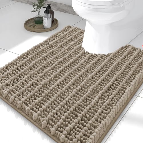 Smiry Bathroom Toilet Rugs U Shaped 24x20, Extra Soft Absorbent Non Slip Rubber Backing Chenille Contour Bath Rugs for Toilet, Machine Washable Contoured Bath Mats, Latte - color: Latte, size: 24'' X 20''