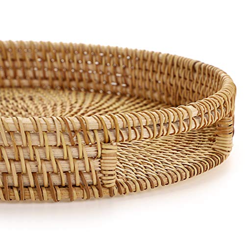 Hipiwe 10" Round Rattan Serving Tray with Handles, Hand-Woven Decorative Organizer Tray for Storage Breakfast Drinks Snack, Centerpiece Fruit Basket for Home Decoration, Small