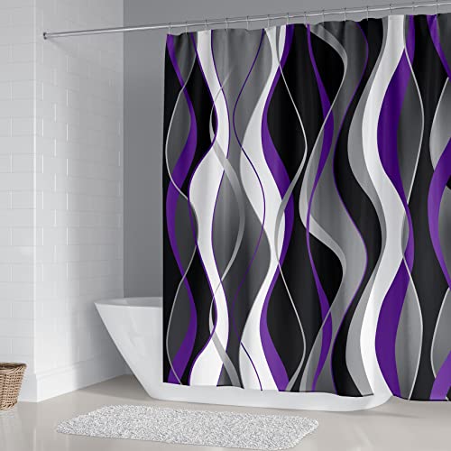 4Pcs Purple Shower Curtain Sets with Non-Slip Rugs, Toilet Lid Cover and Bath Mat, Black and Gray Bathroom Decor Set Accessories Fabric Waterproof Shower Curtains with 12 Hooks, 72 x 72 Inch - color: Purple