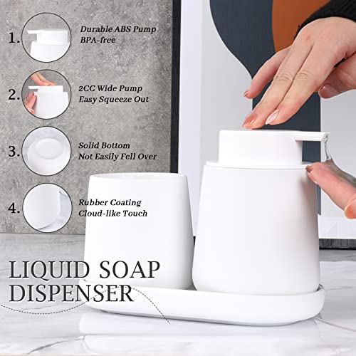BosilunLife Ceramic Bathroom Accessories Set 3 Pcs, Liquid Soap Dispenser and Toothbrush Holder with Tray, Modern Farmhouse Vanity Decor, White Housewarming Gift - color: White, style: liquid