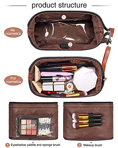 Relavel Travel Makeup Bag, Cosmetic Bag Makeup Organizer Bag Zipper Pouch for Purse Large Capacity Toiletry Bag Portable Waterproof Travel Accessories Skincare Make Up Bag, Brown - color: 03-Brown & Black, size: MEDIUM