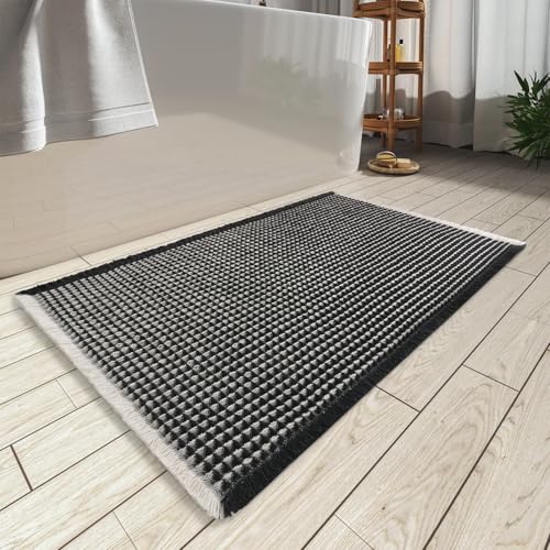 AMOAMI Upgraded Waffle Bath Mat, Super Absorbent Non Slip Bath Mats for Bathroom Floor, Machine Washable Bathroom Rugs with Tassels, Rubber Backed Bathroom Mats, Ultra Soft, 18" x 30",Black & Cream - color: Black & Cream, size: 1'6" x 2'6" (Rectangular)