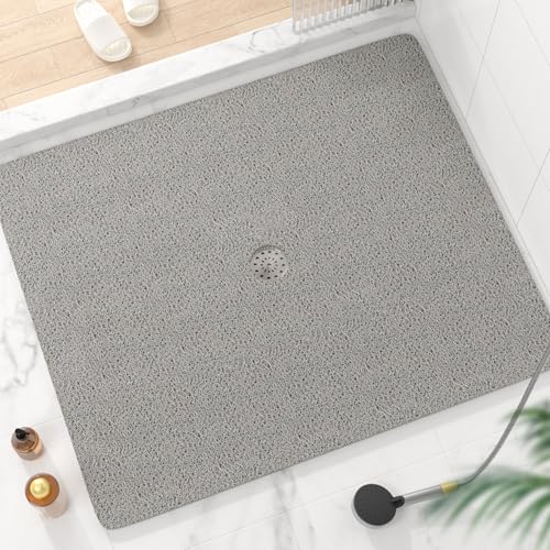 HITSLAM Square Shower Mat, 47 x 40 Inch Non Slip Bath Mat for Tub, Soft PVC Loofah Bathtub Mats with Drain Holes, Quick Drying Bathroom Stall Floor Mat, Bathroom Accessories Without Suction Cup, Grey - color: Grey, size: 47" x 40" (Rectangular)