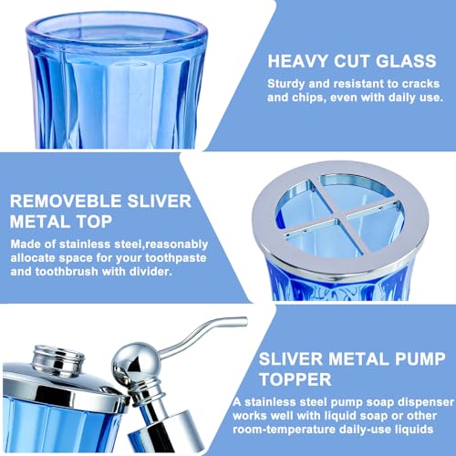 Bathroom Accessories Set,5 Pcs Blue Glass Bathroom Accessory Set,Complete Lotion Soap Dispenser,Toothbrush Holder,Soap Dish,Tumbler & Jar,Modern Bathroom Decor Sets Gift,Round - style: Round(Blue)