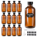 12 Pack 8 oz Amber Glass Boston Bottle With Black Poly Cap, Funnel, Chalk Labels, Pen, Dispensing Bottles for Homemade Vanilla Extract, Essential Oils, Herbal Medicine, Wedding Christmas Decor - size: 8oz 12Pack