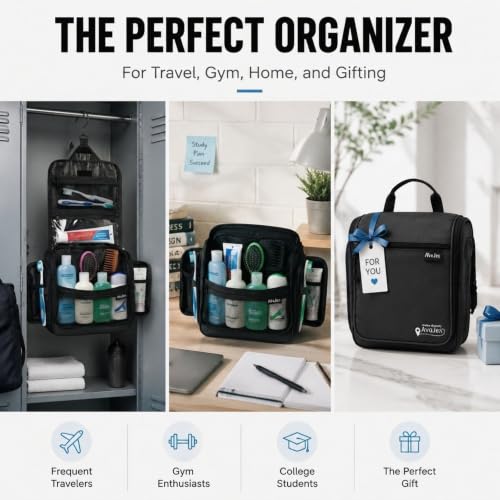 AvaJex Travel Toiletry Bag for Men - Large Dopp Kit (10.6"x10.6"x3.2") - Hanging Waterproof Mens Hygiene Organizer Bag with XXL Metal Swivel Hook, Sturdy Zippers and 19 Compartments for Toiletries - color: L Jet Black