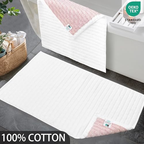 VOOVA & MOVAS Hotel-Grade Quality White Non Slip Bath Mats Set of 2 - Cotton Fabric, Thick 840gsm, Absorbent, Machine Washable, Large 22"x34" Bathroom Mats, Terry Cloth Rubber Backed Bathroom Mats - color: White, size: 22"x34"