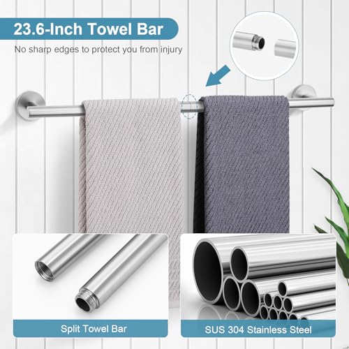 TQKAG Brushed Nickel Bathroom Hardware Set 6-Piece Bathroom Accessory Set 23.6 Inch Round Stainless Steel Towel Bar Set Wall Mounted - color: Brushed Nickel, size: 6-Pieces Set