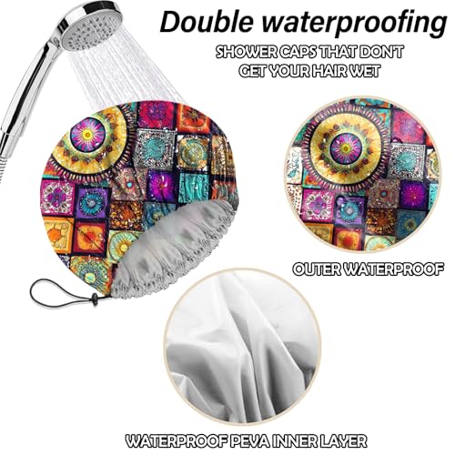 2 PCS Shower Cap Reusable Waterproof Double Layers Hair Caps Shower Bath Adjustable Elastic Hat for Women Girls Cute Aesthetic-Pink Cloud Mandela - color: AI17-Pink Cloud Mandela