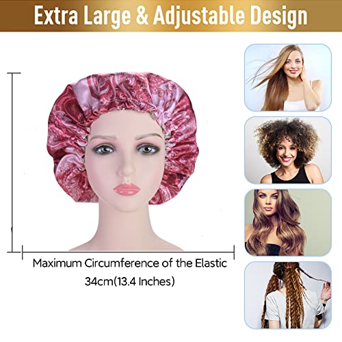 Shower Caps for Women, Extra Large Adjustable Waterproof Reusable Shower Cap, Hair Cap for Shower Hat for Women Girls Long Thick Hair, Bath Caps for Hair Protection - color: Red Print, size: X-Large