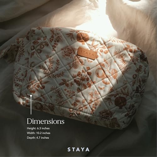 Staya Quilted Makeup Bag for Women – Cotton Travel Cosmetic & Toiletry Pouch, Small Aesthetic Organizer for Purse & Carry-On (Peaches) - color: Peaches