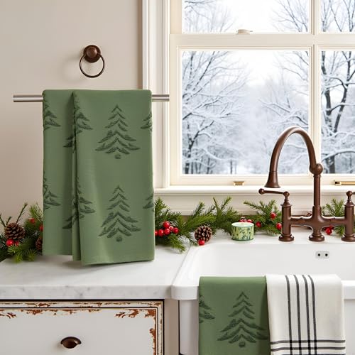 2 Pack Christmas tree Hand Towels 100% Cotton Jacquard holiday Kitchen dish Towels Retro Neutral Olive Green Bathroom Towels Set gift Seasonal Xmas Winter Bathroom Decor (Olive Green Christmas tree) - color: Olive Green Christmas Tree