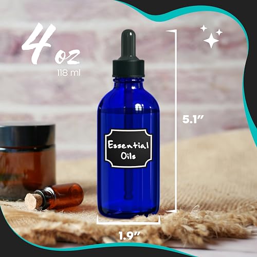 Nevlers 4 Oz Cobalt Blue Glass Dropper Bottle 24 Pack Set | Tincture Bottles with Droppers for Liquids | Glass Eye Dropper Bottle w/ Shrink Wrap, Funnel, Brush, Marker & Labels - color: Blue