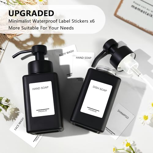Black Foaming Hand Soap Dispenser 2 Pack,12oz/350ml Glass Foaming Soap Dispenser Set with Stainless Steel Pump, Square Refillable Foam Pump Bottles for Bathroom&Kitchen,Includes 6 Labels - color: Black