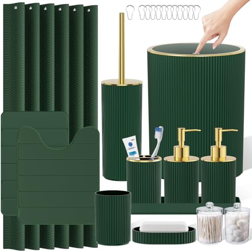 Dark Green Bathroom Accessories Set - Bathroom Sets, 25PC Bath Accessory Set, Bathroom Sets with Push Top Trash Can, Shower Curtain and Rugs, Toilet Brush, Trash Can & Soap Dispenser - color: Dark Green & Gold, size: 25-Piece Set (Accessories + Shower Cur