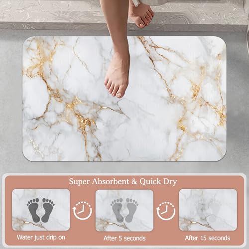 Diatomaceous Earth Bath Mat,White Marble Bath Rugs,Gold Veins Non-Slip Thin Absorbent Fast Drying Easy to Clean for Bathroom Laundry Home Kitchen Door Mat 17x29.5Inch - color: White Marble,gold Veins