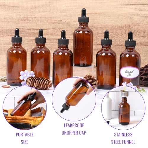 AuroTrends 4 oz Dropper Bottles Glass 24Pack, Amber Glass Tincture Bottles with Dropper - Dropper Bottle 4 oz with Funnel/Stickers/Plastic Graduated Pipette (4fl.oz, Set of 24) - color: Amber, size: 4fl.oz-24Pack