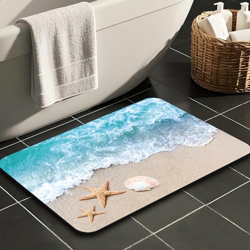 Quick Dry Bath Mat for Bathroom,Super Absorbent Beach Seashell Bath Rug Non-Slip Rubber Backing,Machine Washable Bathroom Floor Mat for Shower, Tub, Sink Area Ocean Blue 30x20 - color: Blue2, size: 1'8" x 2'6" (Rectangular)