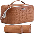 BOYATU Travel Makeup Bag Cosmetic Bags for Women: Large Capacity 3 Pcs Set Make up Bag with Compartments - Waterproof Vegan Leather Toiletry Organizer Bags with Handle (L53Brown) - color: L53Brown
