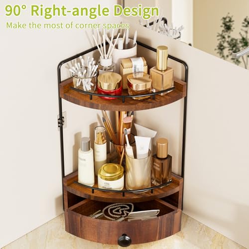 2-Tier Corner Bathroom Counter Organizer with Drawer & Embedded Screw Holes - Wooden Countertop Organizers for Skincare, Makeup Storage, Bathroom Sink Counter Shelf for Vanity, Acacia Wood-Brown - color: Acacia Wood-brown