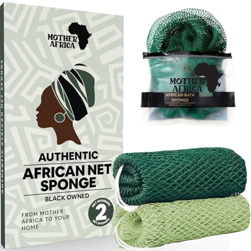 MOTHER AFRICA African Net Sponge Authentic with Knots 2 Pack Black Owned Exfoliating Body Scrubber Bath Sponge for Shower Washcloth Loofah Gentle Deep Cleansing Back Scrubber Face & Body Men & Women - color: Forest Green & Mint Green