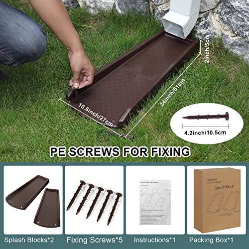 plusgutter Rain Gutter Downspout Splash Block, Gutter Downspout Extensions for Water Drainage, 24" Gutter Splash Guards Downspout Extender, Fixable Down spout Drain Trays with PE Nails(2 Pack, Brown) - color: Brown
