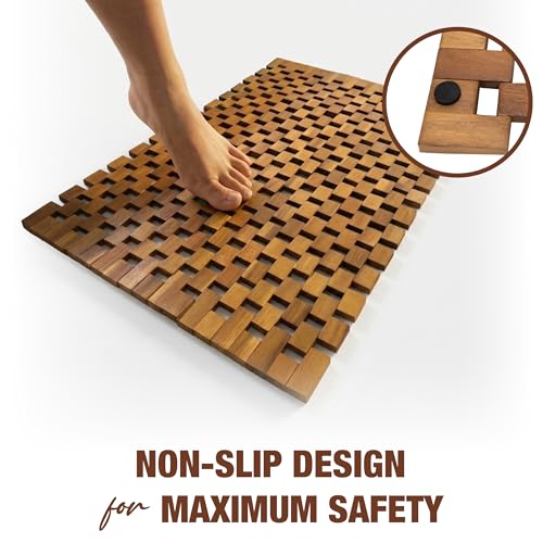 Acacia Wood Bath Mat - Non Slip Sturdy Wooden Bathroom Mat - Large Outdoor Shower Mat for Indoor & Outdoor Shower, Spa, Sauna, Cold Plunge, Camping 16" x 24" - size: 23.6" x 15.7" (Rectangular)