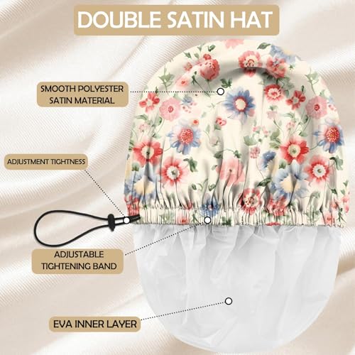 Shower Cap Adjustable Waterproof Double Layer Elastic Reusable Hair Bath Cap Cute Aesthetic for Women Girls-Pink Blue Floral - color: R7-Pink Blue Floral