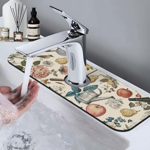 Faucet Draining Mat For Kitchen Sink, Roses Daisies Fruits Garden Diatom Mud Absorbent Drain Pad For Bathroom Kitchen Sink Splash Guard Drying Mat - color: Roses Daisies Fruits Garden