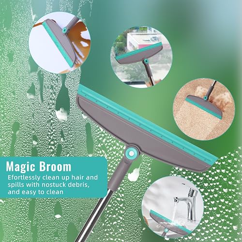 Broom with Dustpan Combo Set, Silicone Broom Squeegee and Scrub Brush Set with Long Adjustable Handle for Indoor & Outdoor Sweeping and Scrubbing, Ideal for Pet Hair, Liquids and Dirt - color: Teal and Grey