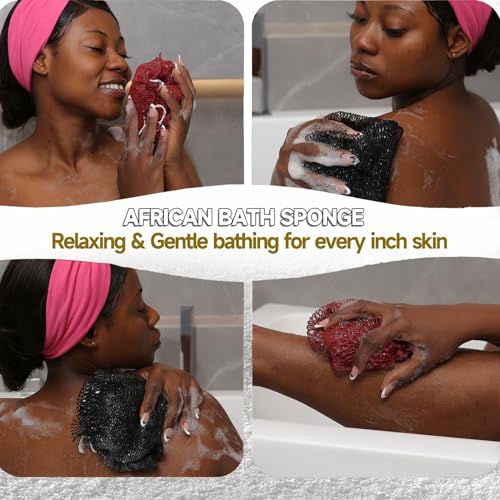SubSahara Authentic African Net Sponge - 2 Pack Exfoliating Bath & Shower Loofah Sponge for Body & Face, Gentle Scrubber for All Skin Types, Travel, Durable (Gray & Rust Red) - color: Gray & Rust Red