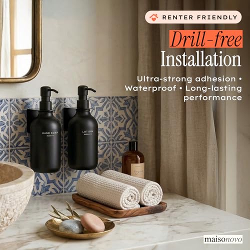 Shampoo and Conditioner Dispenser Wall Mounted Set of 2 Black - No Drill Shower Soap Dispenser for Bathroom Refillable - Spa Hotel Style Accessories by MaisoNovo - color: Black Set of 2