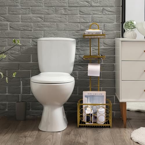 Oasis Creations Toilet Paper Holder Tissue Rack Stand with Magazine Toilet Roll Storage Basket- Freestanding, Gold Metal - color: Gold