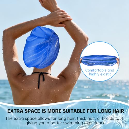 WHALE Extra Large Swim Cap Designed for Men and Women with Thick, Long Hair, Hair Extensions Or Afro-Textured Hair Long-Hair Swim Cap Highly Waterproof to Keep Hair Dry - color: Silver-blue