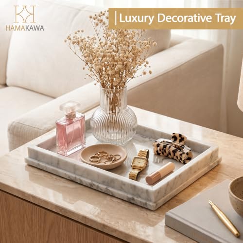 Italian Real Natural Marble Bathroom Vanity Tray 12 inch, Carrara White Stone Jewelry Tray, Rectangle Perfume Trays, Large Tank Trays, Cosmetic Organizer - color: Carrara White Rect Tiered 12-in
