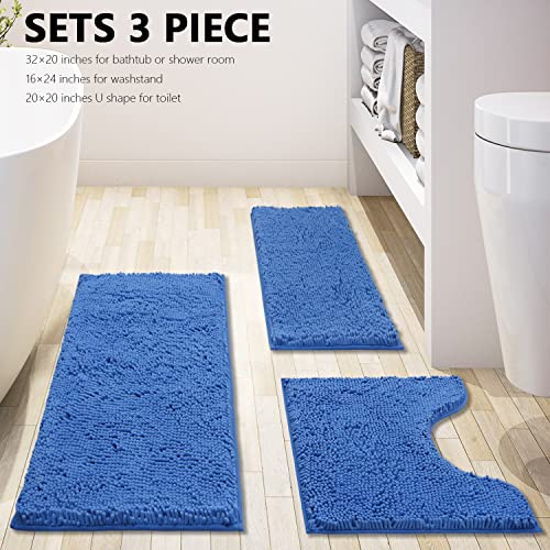 Bathroom Rugs Chenille 3-Piece Extra Soft and Absorbent Shag Bathroom Rugs, Machine Wash Mat, Strong PVC Non-Slip Underside, Plush Carpet Mats (Snow Cyan) - color: Snow Cyan, size: 2'8" x 1'8" (16x24"+20x32"+20x20"U shape）