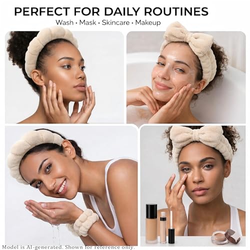 Face Washing Headband and Wristband Set, Khaki | Soft absorbent fabric, snug head-hugging fit for face washing, skincare, makeup, masks, travel, women and teen girls - color: Khaki