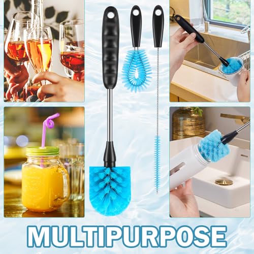 12.2 inch Bottle Brush Set of Three，Washable Coffee Cups, Water Bottles, Baby Bottles, Straws, to-go Cups, Long-Handled 3-in-1 Stainless Steel Bottle Brushes. (Blue) - color: Blue