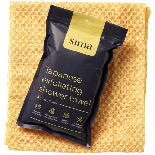 Sima Brand Exfoliating Washcloth Face & Body Scrub Towel - Japanese Exfoliating Towel with Hexagon Fibers, Body Scrubber with 2 Sides for Scrubbing & Washing, Extra Long Body Towels (Yellow) - color: Yellow