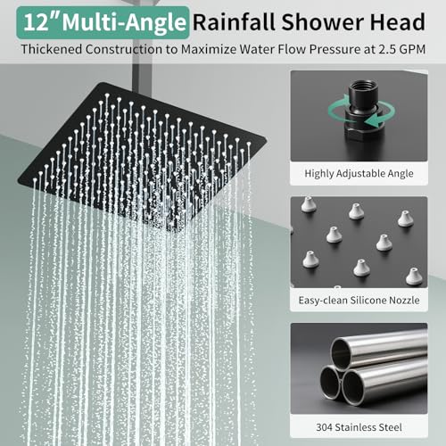Shower Faucet Set Shower System - SR SUN RISE Matte Black Shower Trim Kit with Dual Shower Head, 12'' Ceiling Rainfall 6'' Wall Mount with Handheld Shower for Couples, Complete 6 Diverter Valve - color: Black, size: 12 Inch