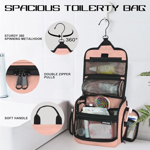 Goloni Hanging Toiletry Bag, 10 Compartments Water-Resistant Makeup Bag with 360° Spinning Metal Hook, Large Travel Cosmetic Organizer for Men & Women, Pink (7.05oz) - color: Pink